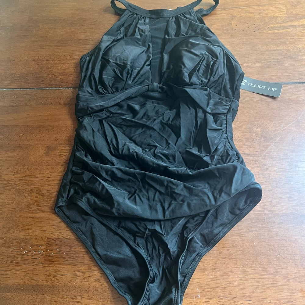 New - Tempt Me High Neck Plunge Ruched Tummy Control One Piece Bathing Suit - Picture 5 of 10